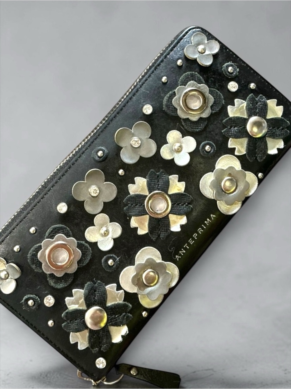 Anteprima Miss Cryopal Floral Applique Zip Around Wallet Black Leather